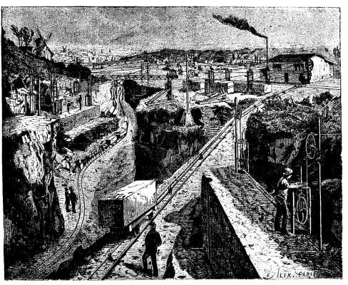  FIG. 5.&mdash;APPLICATION OF GAY'S STONE SAW IN A MARBLE QUARRY.