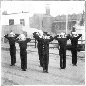 FIG. 3.&mdash;HEAD

In the position called "Head" the body is still in the position of
"Attention," the neck pushed well back, the fingers and the hands just
touching behind the neck, and the elbows not allowed to push forward but
kept as far back as the shoulders.