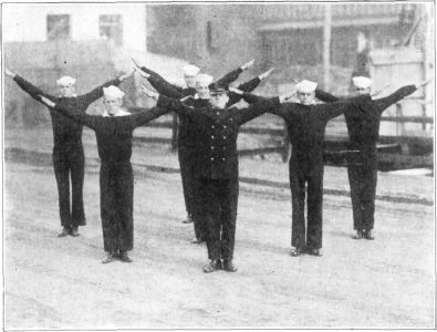 FIG. 5.&mdash;GRATE

The caution in the "Grate" position is not to let the arms drop, even a
fraction of an inch, below the horizontal, and not to let them go up
above the angle of forty-five degrees, for in either of these cases
there is a distinct rest given to the shoulder muscles. Most of the
ordinary exercises of this kind carry the arms above the head; this
always releases the effort of the shoulder muscle and is therefore
nearly valueless as an exercise for these members.

Another fault in this exercise is letting the head come forward. The
neck should be kept back all the time.