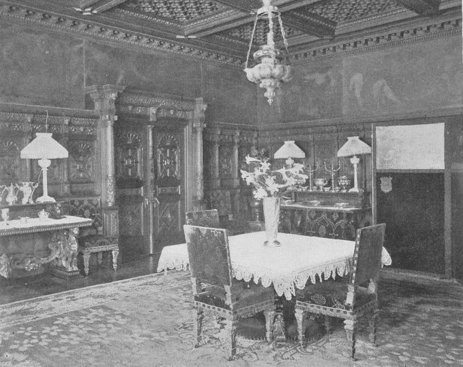 DINING-ROOM IN NEW YORK HOME SHOWING CARVED WAINSCOTTING
AND PAINTED FRIEZE