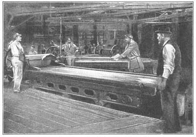 FIG. 20.&mdash;Molten glass being rolled into a form suitable for window panes.
