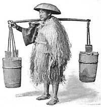 FIG. 103.&mdash;Primitive man tried to lighten his task by
balancing his burden.