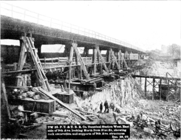 Plate XLVIII, Fig. 1.&mdash; TW 33, P.T. & T.R.R. Co. Terminal Station West. East side of 9th Ave. looking North from 31st St., showing rock excavation and supports of 9th Ave. structures. Dec. 28, 07.