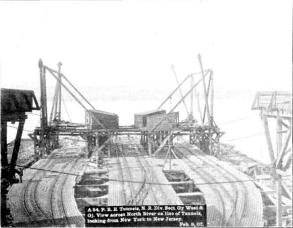 Plate LI, Fig. 4.&mdash; A 54. P.R.R. Tunnels, N.R. Div. Sect. Gy. West & Oj. View across North River on line of Tunnels, looking from New York to New Jersey. Feb. 9, 07.