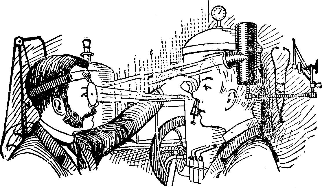 Illustration:
Fig. 9. Examination of the Nasal Passages by means of the Rhinoscope and
Head Mirror.