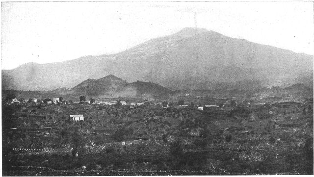Mount &AElig;tna, seen from near Catania. The imperfect
cones on the sky line to the left are those of small secondary
eruptions.