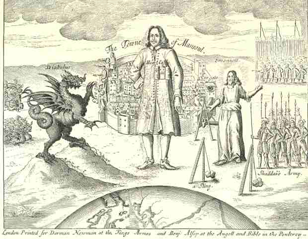 Facsimile of the Frontispiece to the first edition of the Holy
War, engraved by Robert White.  The portrait of Bunyan drawn on
vellum by the same artist, and preserved in the Cracherode
Collection, furnished the basis of the full-length portrait, and
also of the sleeping likeness prefixed to the third edition of
the Pilgrim&rsquo;s Progress, 1679