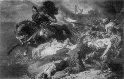 A painting showing the Last Hohenr&auml;tier, with his sword drawn, riding
his horse as it jumps from the cliff edge. Villagers help a fainting maiden while
flames show in the background.