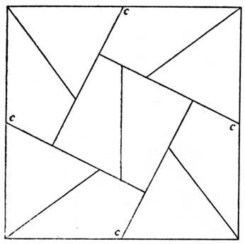 Fig. 399.&mdash;Ten-piece Square Puzzle. (For
    Guidance in Setting Out, the Centre
    of the Four Outlines are lettered at
    C, C, C, C.)