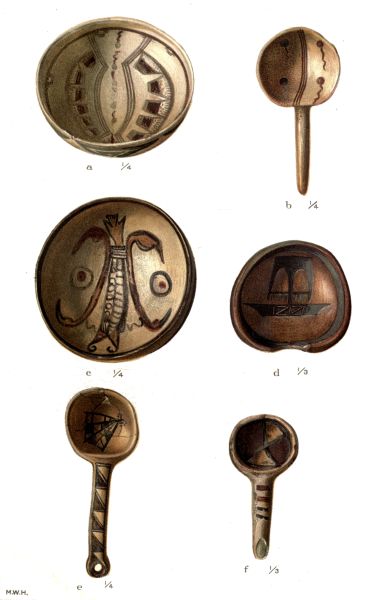 PL. CXXXIII&mdash;
BOWLS AND DIPPERS WITH FIGURES OF TADPOLES, BIRDS, ETC. FROM SIKYATKI