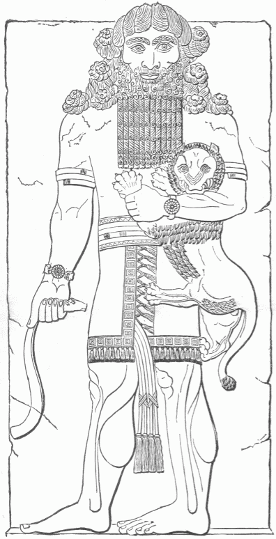 75.&mdash;IZDUBAR AND THE LION (BAS-RELIEF FROM KHORSABAD).
(Smith's "Chaldea.")