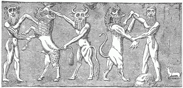 77.&mdash;IZDUBAR AND &Ecirc;AB&Acirc;NI FIGHT THE BULL OF
ISHTAR.&mdash;IZDUBAR FIGHTS &Ecirc;AB&Acirc;NI'S LION (BABYLONIAN CYLINDER). (Smith's
"Chaldea.")