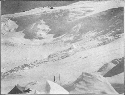 Third camp in the Grand
Basin&mdash;17,000 feet, showing the shattering of the glacier walls by the
earthquake.