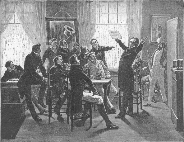 Campenhout zingt de Braban&ccedil;onne in het “Caf&eacute; Cantoni” (Schilderij van VAN HAMM&Eacute;E)