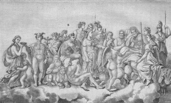 Hebe. Hermes. Hefaistos. Dionysos. Apollon. Ares.
Pluton. Poseidon, Zeus, Artemis. Pallas. | Herakles. Afrodite. Eros.
Here.