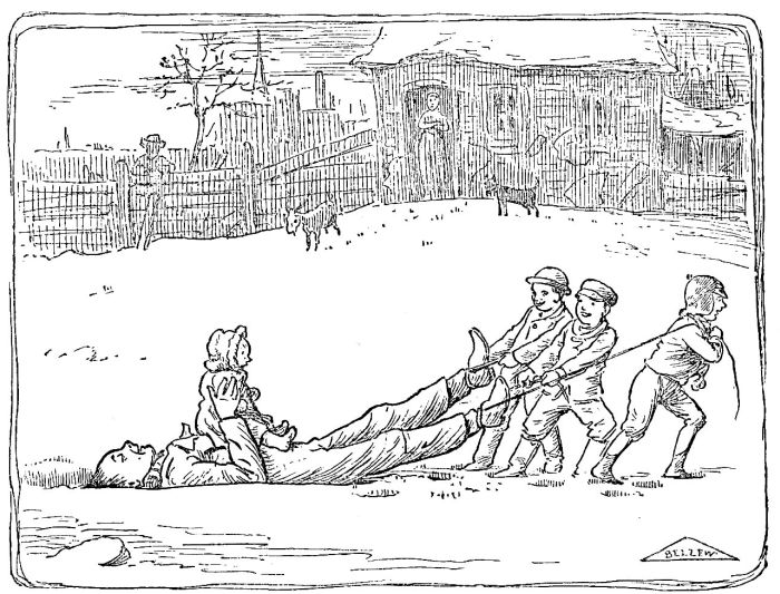 HOW TO MAKE A CHEAP SLED. Procure a long, narrow boy, lay him on his back, and fasten ropes to his
legs, and your sled is ready for use.