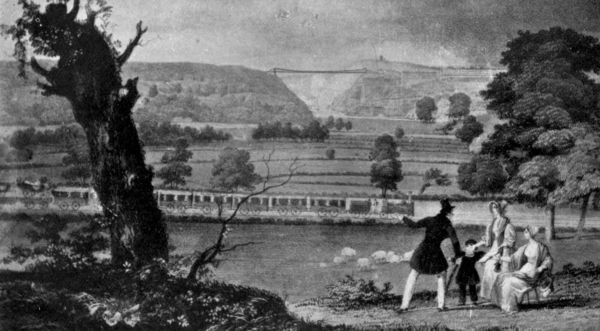 BRISTOL AND EXETER RAILWAY TRAIN BRINGING MAILS
TO BRISTOL ON THE DECLINE OF THE MAIL COACH SYSTEM ABOUT 1844
(CLIFTON BRIDGE ANTICIPATED BY THE ARTIST.)