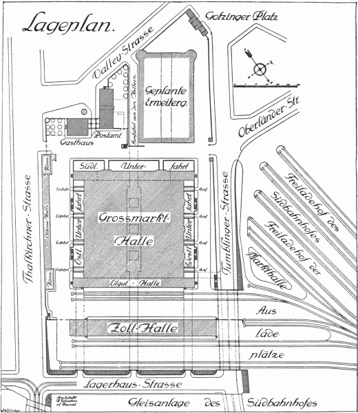 GROUND PLAN OF THE MUNICH MARKET

In front is seen the toll-house and receiving station, then the great
market hall and, in the upper part of the picture, the restaurant and
administration offices. The sidetracks on the right facilitate the rapid
distribution of produce sold at the market. Under the great market hall
are large refrigeration chambers connected directly with the railroad.