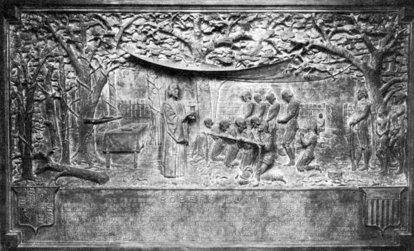 Robert Hunt Memorial Plaque

Altar-piece. A bronze bas-relief representing the administration of the first Anglican communion
in America, June 21, 1607. George T. Brewster, sc. Gorham Co., founders.

Courtesy Cook Collection, Valentine Museum