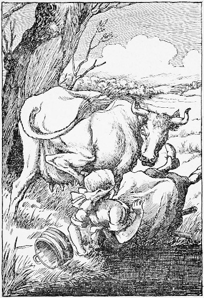 She kicked up her hind legs, and threw down the
milk-pail.&mdash;Page 93.