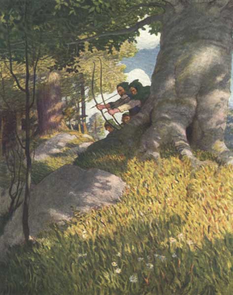ROBIN HOOD AND HIS COMPANIONS LEND AID TO WILL O' TH'
GREEN FROM AMBUSH

Their arrows flew together, marvellous shots, each finding its prey.