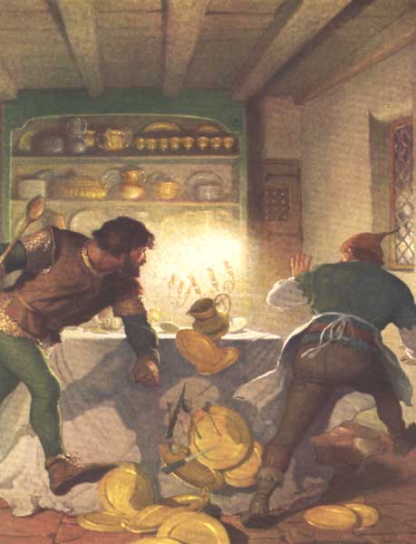 LITTLE JOHN FIGHTS WITH THE COOK IN THE SHERIFF'S HOUSE

At last he made a dart upon Roger and the chase grew furious. Dishes,
plates, covers, pots and pans&mdash;all that came in the way of them went
flying.