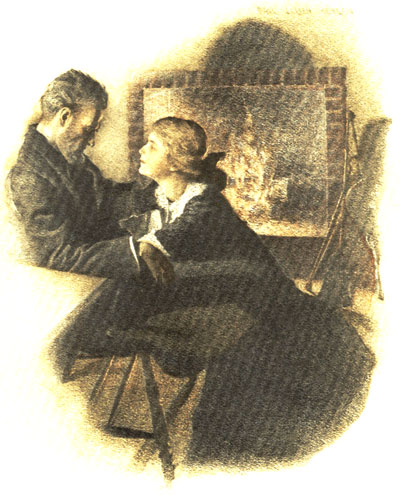 She flung herself across his knees and put her arms
around him.