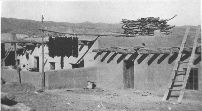 Chili peppers drying outside pueblo dwelling. The
structure of sticks on the roof is a cage where an eagle is kept for its
feathers, which are used in religious rites