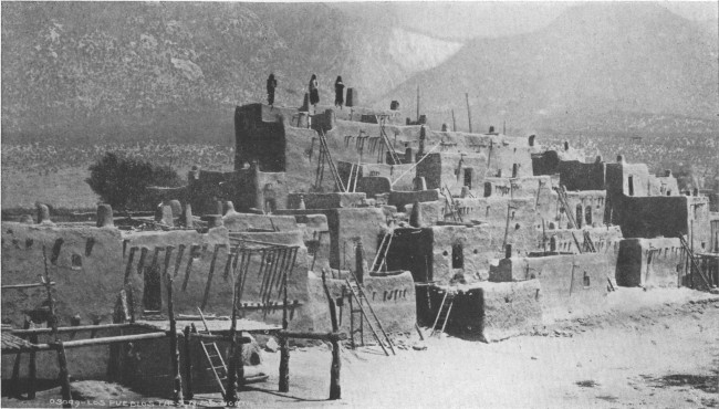 The Pueblo of Taos, where the houses are practically
communal dwellings five stories in height