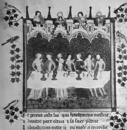 BANQUET, WITH MINSTRELS PLAYING, AND ROOM HUNG
WITH EMBROIDERY.