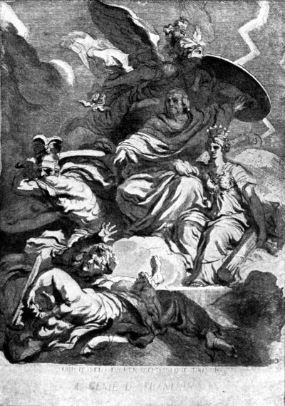 FRANKLIN TEARS THE LIGHTNING FROM THE SKY AND THE SCEPTRE
FROM THE TYRANTS (From a French engraving)