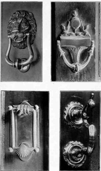 Plate VIII.&mdash;16th Century Knocker, Lion type, Striker of
first type; Georgian Urn type, in use on modern house; Mexican Knocker of the Hammer type; Hammer type Knocker, 18th Century, Charles P. Waters House.