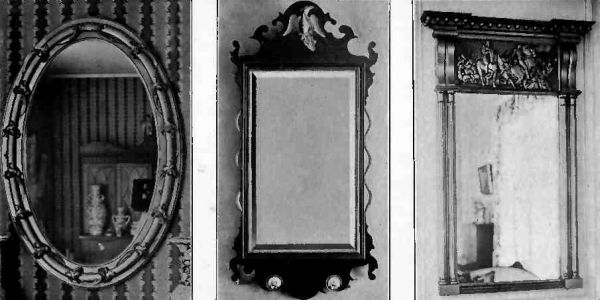 Plate XLIV.&mdash;Oval Mirror, showing Acanthus leaves, once on Cleopatra's Barge, the first pleasure yacht built in America; Mirror, 1710, resting on ornamental knobs; Mirror, 1810, in Dudley L. Pickman House.