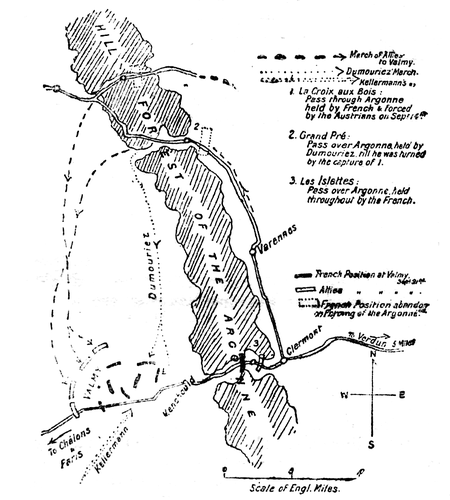 Sketch Map, showing the turning of the positions on the
Argonne and the Cannonade at Valmy, September 1792.