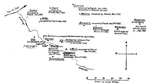 Sketch Map of towns occupied by French in 1792 and
evacuated in March 1793, with sites of battles of Jemappes and of
Neerwinden, and of Dumouriez' treason.