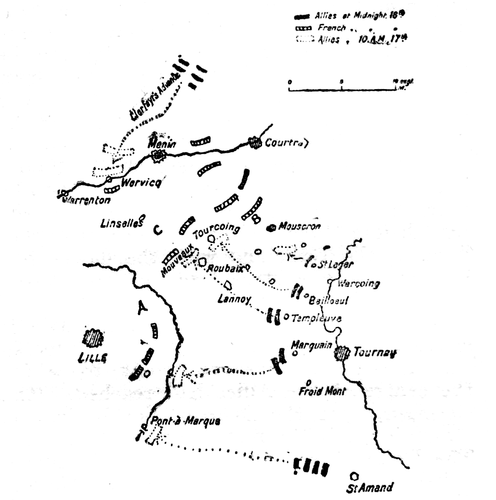 Tourcoing. May 16 to 18, 1794.

The breakdown of the attempt of the Allies to cut off the French near
Courtrai from Lille was due to their failure to synchronise They should
have been in line from A to B at noon of the 17th with Clerfayt at C.