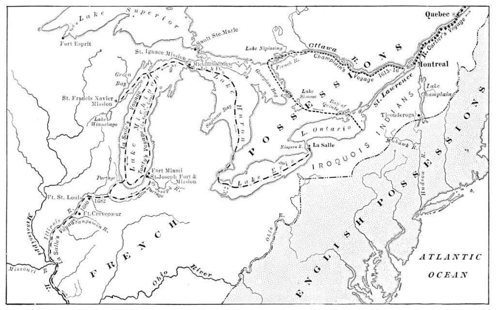 Map Showing Routes of Cartier, Champlain, and La Salle, also French and English Possessions at the Time of the Last French War.