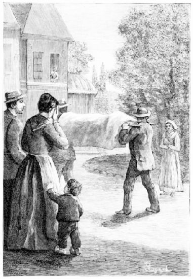 Des paysans entraient portant un brancard sur leurs
�paules