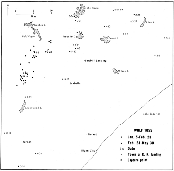 Figure 22.&mdash;Locations and range of wolf 1055. Only selected lakes are shown.