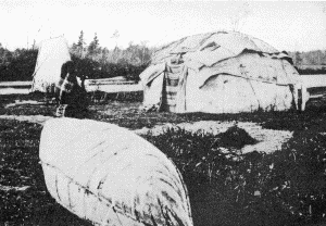 b. Two types of wigwams covered with birch bark

OJIBWAY HABITATIONS, ABOUT 1865
