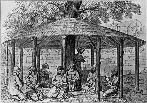 SUFI MYSTICS GATHERED FOR MEDITATION.
From an old painting by a Pushtu artist