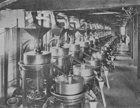 Fig. 42.&mdash;Grinding Cocoa.

(Permission of Walter Baker & Co., Ltd.)