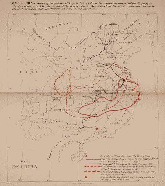 MAP OF CHINA Showing the position of Ti-ping Tien-Kwoh, or the settled dominions of the Ti-pings at
the close of the year 1861, the zenith of the Ti-ping Power. Also indicating the most important movements
places &c., connected with the Revolution from its commencement.
London Day & Son (Limited)