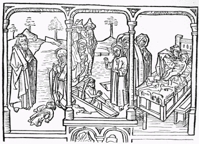 Elijah Raiseth the Widow’s Son (1 K, xvii.). The Raising
of Lazarus (Jno, xi.). Elisha Raiseth the Widow’s Son (2 K. iv.).
FIG. 5.&mdash;From the original in the possession of Professor Norton, of
Cambridge.