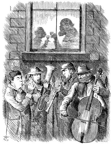 Reproduced by permission of the proprietors of "Punch."

THE WAITS.

Punch. December 26, 1885.