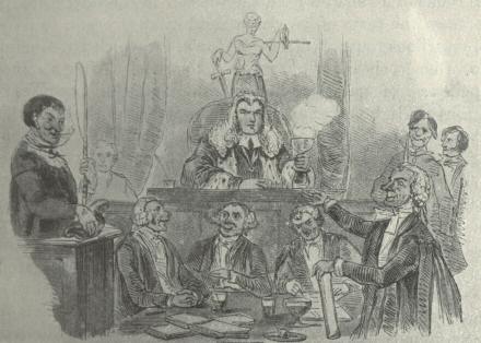 &lsquo;Baron&rsquo; Nicholson at a &lsquo;Judge and Jury&rsquo;
Trial.  From Life in London Illustrated, circa 1855