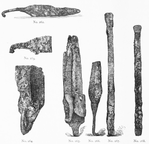 Nos. 262, 263, 264, 266, Trojan Two-edged Copper Daggers,
with hooked Stems that have been fastened into Wooden Handles; No. 264
is doubled up by the Conflagration. No. 265, Weapons molten together.
No. 267, a Copper Sword-Blade, with a sharp edge at the end. No. 268, a
Four-sided Copper Bar, ending in a sharp edge.&mdash;TR.
