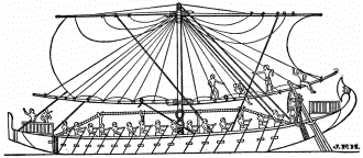 Egyptian ship on the Red Sea, about 1250 B.C. (From
Torr’s “Ancient Ships.”)

Mr. Langton Cole calls attention to the rope truss in this illustration,
stiffening the beam of the ship. No other such use of the truss is known
until the days of modern engineering.