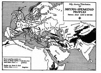 Map showing Distribution of

ARYAN-SPEAKING PEOPLES between about 1,000 & 500 B.C.