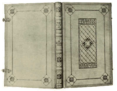 BOOKBINDING IN VELLUM, WITH GOLD AND GREEN TOOLING. BY
FRANK G. GARRETT